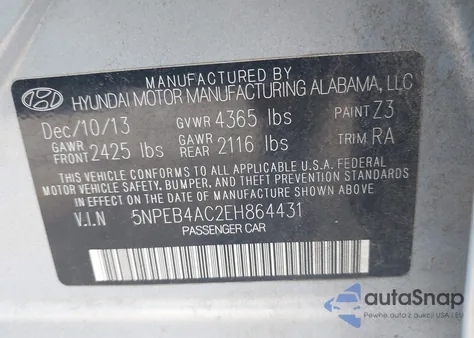 2014 Hyundai Sonata Gls from USA, damaged, VIN 5NPEB4AC2EH864431